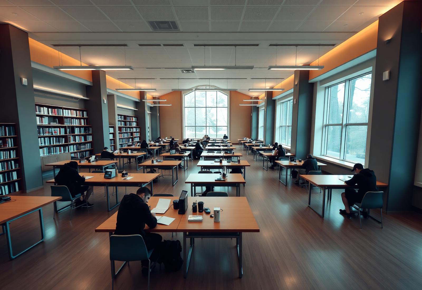 Spacious study hall interior with rows of desks and warm lighting